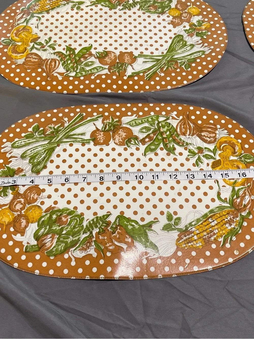 1970s Style Oval Plastic Placemats Brown Polka Dot Vegetable Corn Pattern